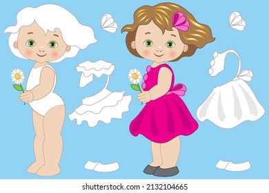 Illustration with paper doll and clothes to cut out and wear colored and black and white to paint