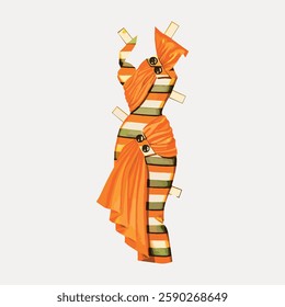 Illustration of a paper doll dress with vibrant orange and striped patterns. The dress features a unique, artistic design with bold colors and creative style. Vintage illustration vector.