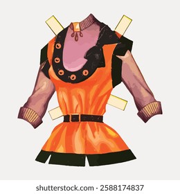 Illustration of a paper doll outfit with an orange dress. The dress features a black collar and belt, designed for a paper doll. Creative paper doll fashion. Vintage illustration vector.