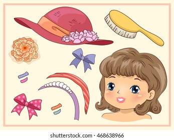 Illustration of a Paper Doll Pack Featuring a Girl with Vintage Accessories