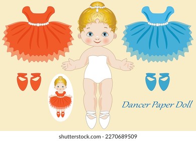 Illustration with a paper doll representing a ballerina with two dresses and ballet shoes