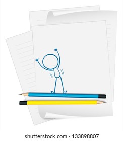 Illustration of a paper with a drawing of a boy exercising on a white background