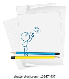 Illustration of a paper with a drawing of a boy fetching a ball on a white background