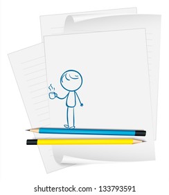 Illustration of a paper with a drawing of a boy holding a cup of coffee on a white background