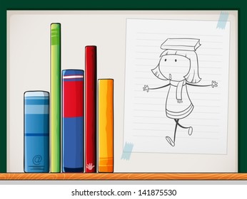 Illustration of a paper with a drawing of a girl beside the books at the shelf