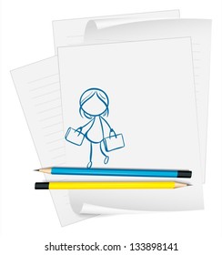 Illustration of a paper with a drawing of a girl holding two bags on a white background