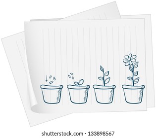 Illustration of a paper with a drawing of a growing plant on a white background