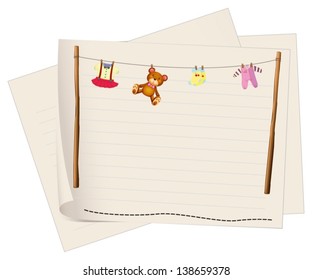 Illustration of a paper with a drawing of hanging clothes on a white background