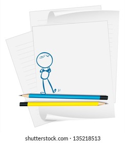 Illustration of a paper with a drawing of a person standing on a white background