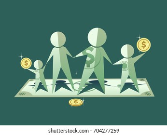 Illustration Of A Paper Family From A Dollar Bill. Finance Concept.