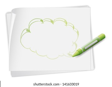 Illustration of a paper with an image of a callout and a crayon on a white background
