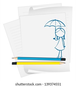 Illustration of a paper with an image of a child holding an umbrella on a white background