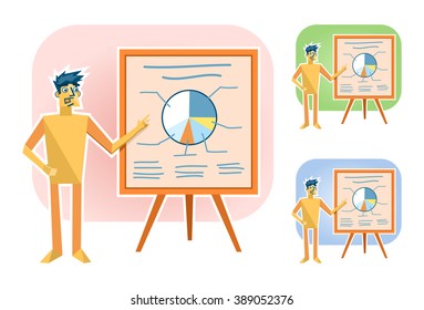 Illustration of a paper man pointing to diagram. Teach, explain, presentation. Simple vector illustration