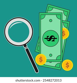 Illustration of paper money and coins with magnifying glass icon. Concept of seeking financial wealth.