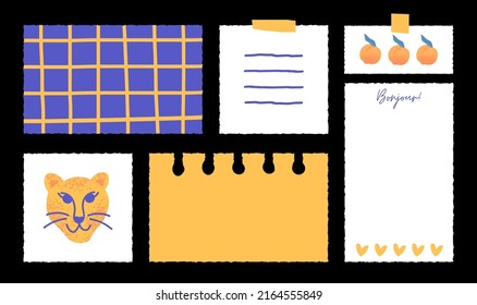 Illustration of paper notes with stickers. Hand drawn reminders, to do list, planner, schedule.