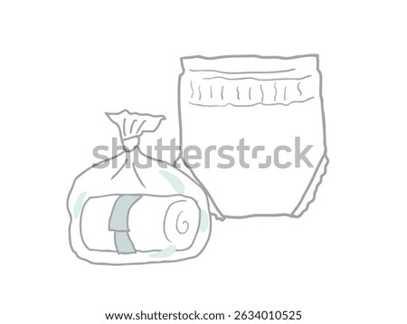Illustration of paper pants before use and after use placed in a plastic bag to be discarded