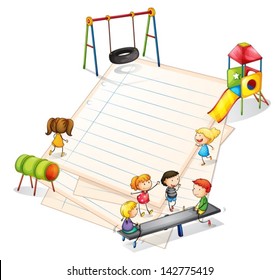 Illustration of a paper with a park with many kids on a white background