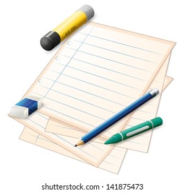 Illustration of a paper with a pencil, a crayon, an eraser and a glue stick on a white background