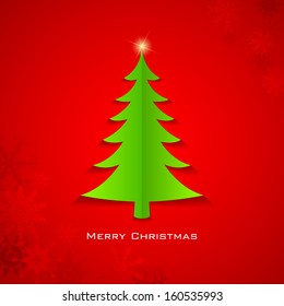 illustration of Paper Pine Tree on Christmas snowflakes background