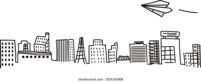 Illustration of a paper plane flying over a cityscape with buildings
