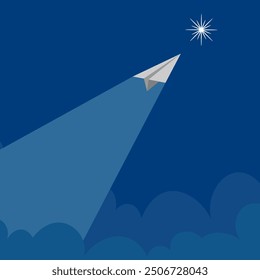 Illustration of a paper plane flying straight towards the stars on a dark blue sky background