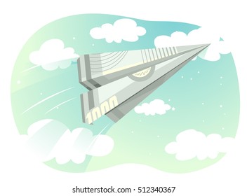 Illustration of a Paper Plane Made from a Folded Bill Flying Against a Cloudy Background