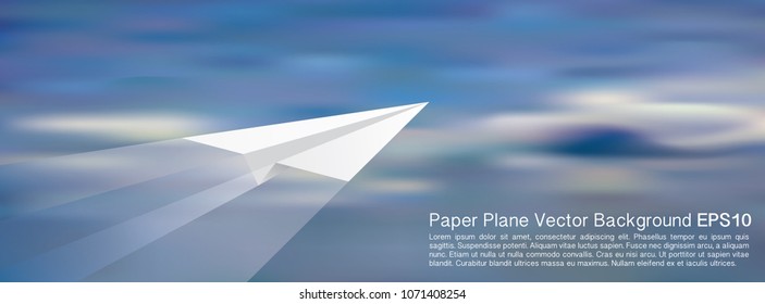 illustration of the paper plane on cloudy sky, vector background layout