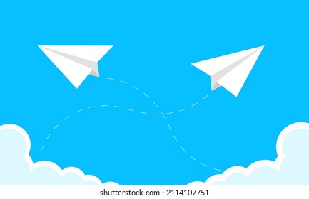 Illustration with paper plane in the sky and clouds. Abstract banner with paper airplane on the sky for concept design. Creative business idea.