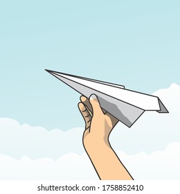 illustration of paper plane toy with sky background