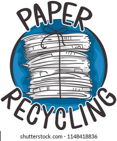 Ilustración de un icono de reciclaje de papel con una pila de papel muy ligada