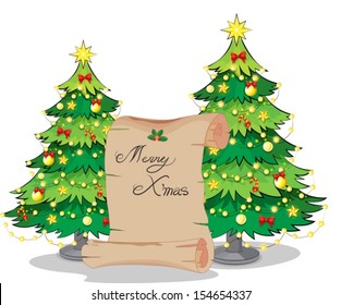 Illustration of a paper scroll in the middle of the christmas trees on a white background
