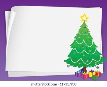 Illustratie van vellen papier en kerstboom