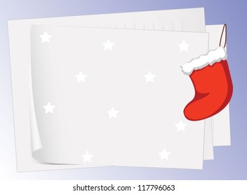 illustration of paper sheets and christmas bag on a purple background
