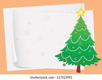 illustration of paper sheets and a christmas tree on a color background