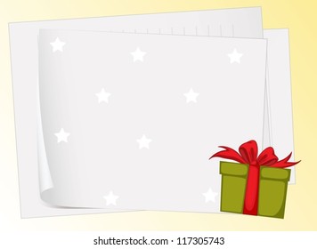 illustration of paper sheets and gift box on a yellow background