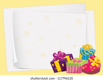 illustration of paper sheets and gift boxes on a yellow background