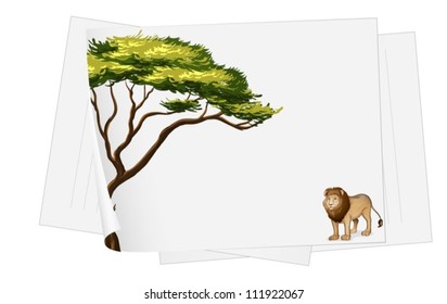 ilustración de hojas de papel y león dibujando en blanco