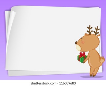 illustration of paper sheets and a reindeer on a red-purple background