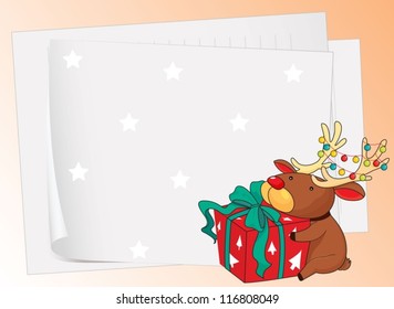 illustration of paper sheets and a reindeer on a color background