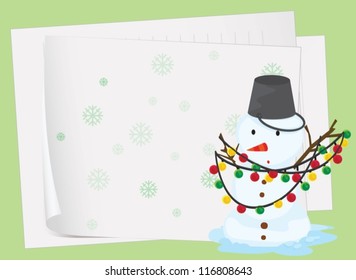 illustration of paper sheets and a snowman on a green background