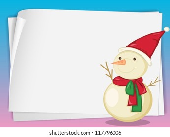 ilustración de hojas de papel y muñeco de nieve en un fondo de color