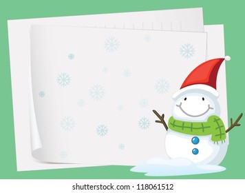 illustration of paper sheets and snowman on a colored background