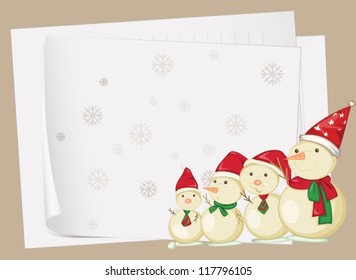 illustration of paper sheets and snowmen on a colored background