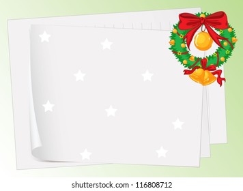 illustration of paper sheets and a wreath on a green background