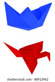 illustration with paper ship and crane isolated on white background