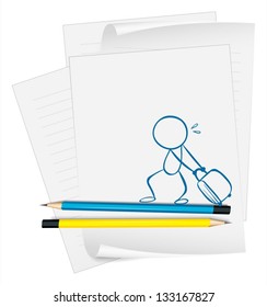 Illustration of a paper with a sketch of a boy pulling a bag on a white background