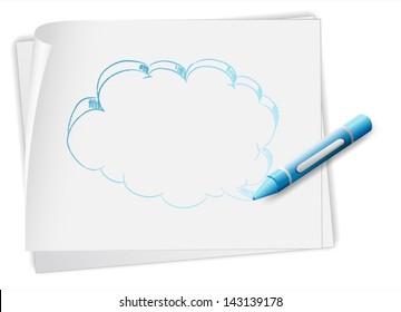 Illustration of a paper with a sketch of a callout and a blue crayon on a white background