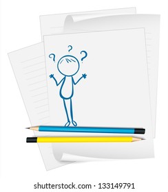 Illustration of a paper with a sketch of a confused person on a white background