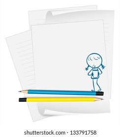 Illustration of a paper with a sketch of a girl drinking on a white background