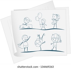 Illustration of a paper with a sketch of kids playing on a white background